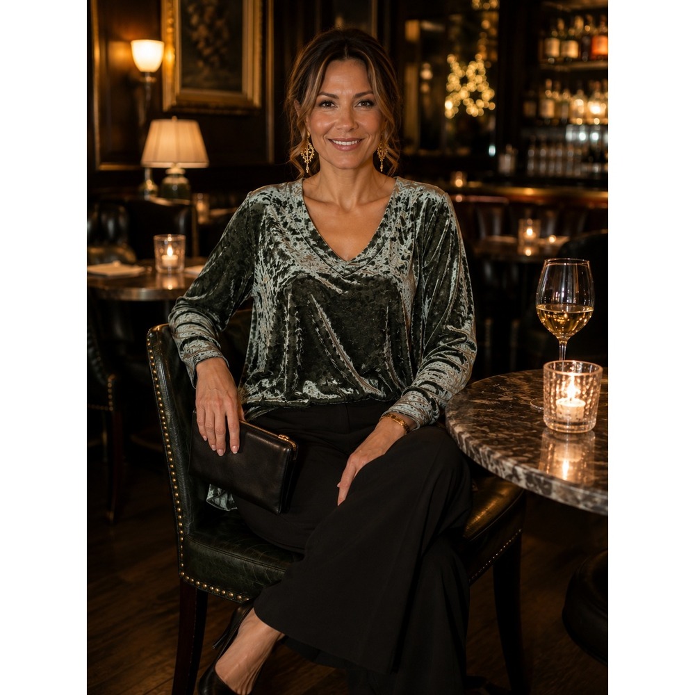 J. Jill Sage Green Crushed Velvet V-Neck Quiet Luxury Long Sleeve Top Petite M